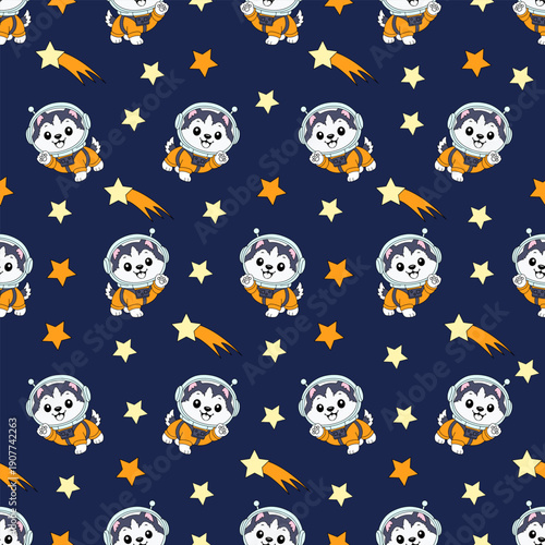 Seamless pattern with husky dog astronaut in space with stars and comets on dark blue background.