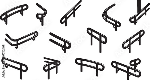 Various black handrail designs on white background illustration set