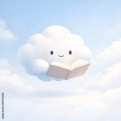 Cloud Character Reading Floating Book Education and Imagination Concept Illustration