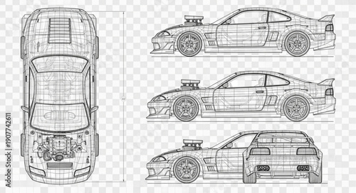 Car Line Drawing Multiple Views.