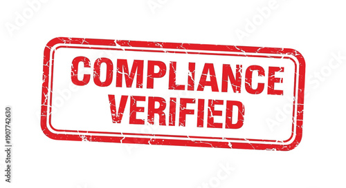 A red rectangular stamp prominently displays the words compliance verified in bold white capital letters signifying approval high quality professional detailed