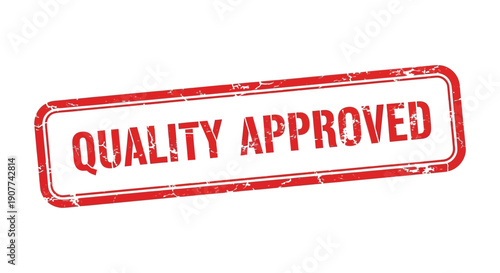 A rectangular red stamp with the words quality approved boldly printed in white signifying product verification high quality professional detailed modern