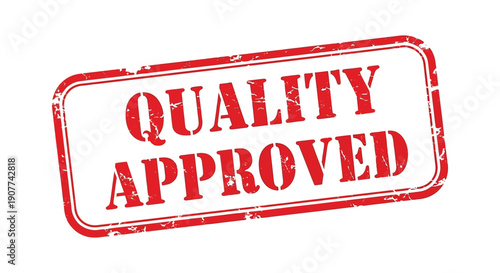 A distressed rectangular red stamp boldly declares quality approved in capitalized lettering signifying validation high quality professional detailed modern elegant stylish