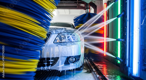 Dynamic Perspective from Inside Automatic Car Wash Tunnel, Silver Car Bumper Being Washed by Foamy Brushes and Water Jets for Cleaning