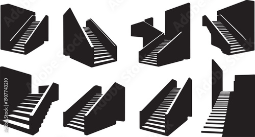 Black and white isometric staircase illustrations set collection