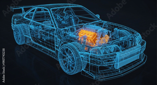 Car Engine Wireframe 3D Model.