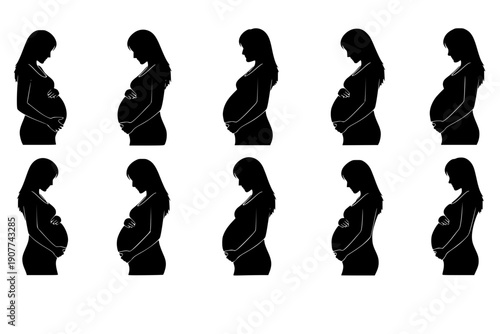 Pregnant woman silhouette icon set for maternity and motherhood concepts. Black and white graphic symbol of an expecting mother holding her belly isolated on a white background.