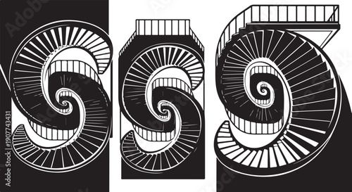 Spiral staircase illustrations in black and white colors