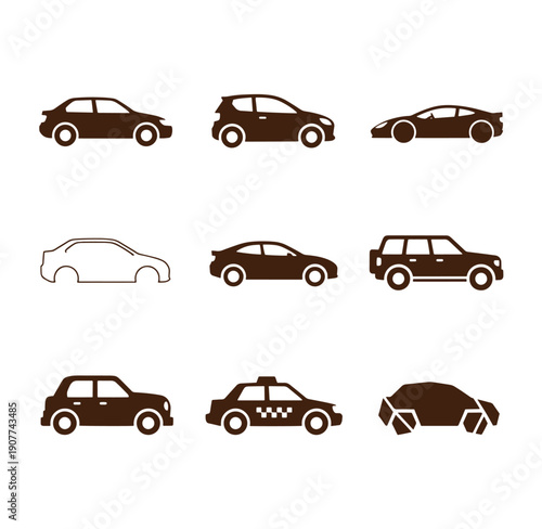 Collection of various car silhouettes and icons in different styles and designs
