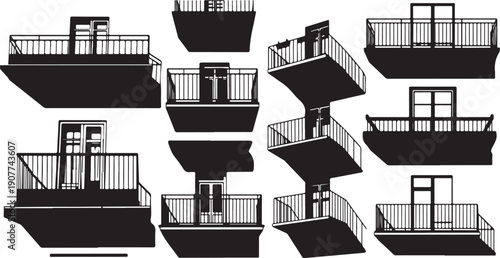 Various Balconies with Railings and Doors in Black Silhouette