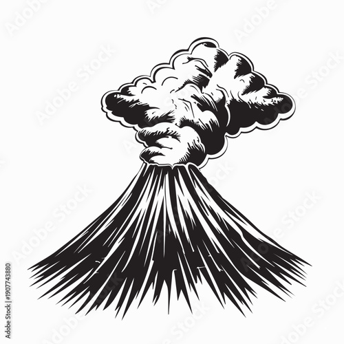 Volcano Eruption Vector. Black and White Volcano Eruption Illustration. 