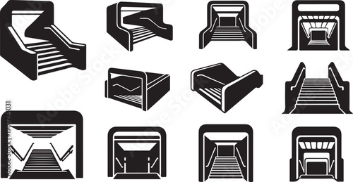 Various Escalator and Staircase Icons in Black and White