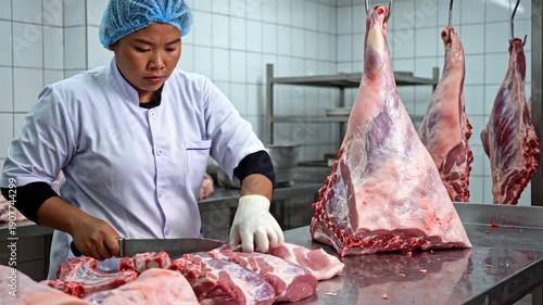 Wallpaper Mural Butcher expertly cuts meat in a professional butchery environment. Torontodigital.ca