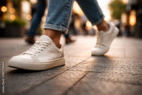 Close-up of a person's feet in white sneakers walking on an urban sidewalk.