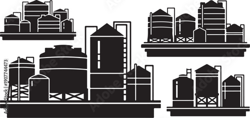 Industrial Cityscape with Various Buildings and Silos Vector Graphic