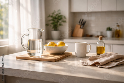 Wallpaper Mural A bright and clean kitchen counter with a pitcher of water, lemons, a mug, and olive oil. Torontodigital.ca