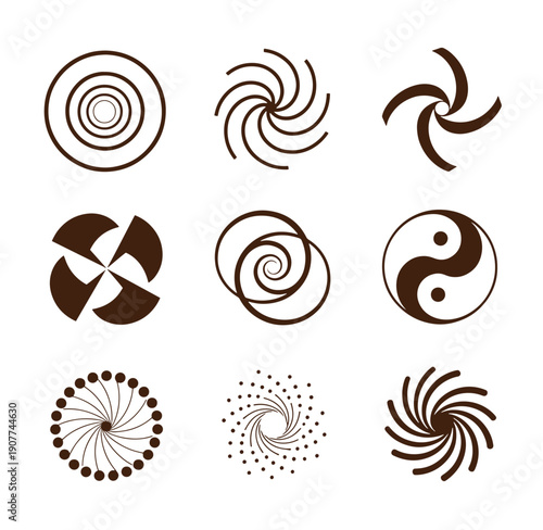 Set of abstract swirling spiral shapes and symbols  yin yang icons