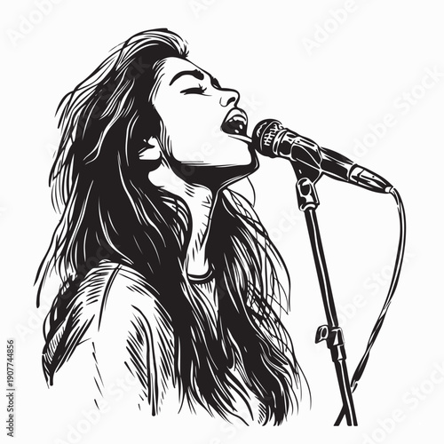 Woman Rock Star Singing with Stand Mic Vector on White background