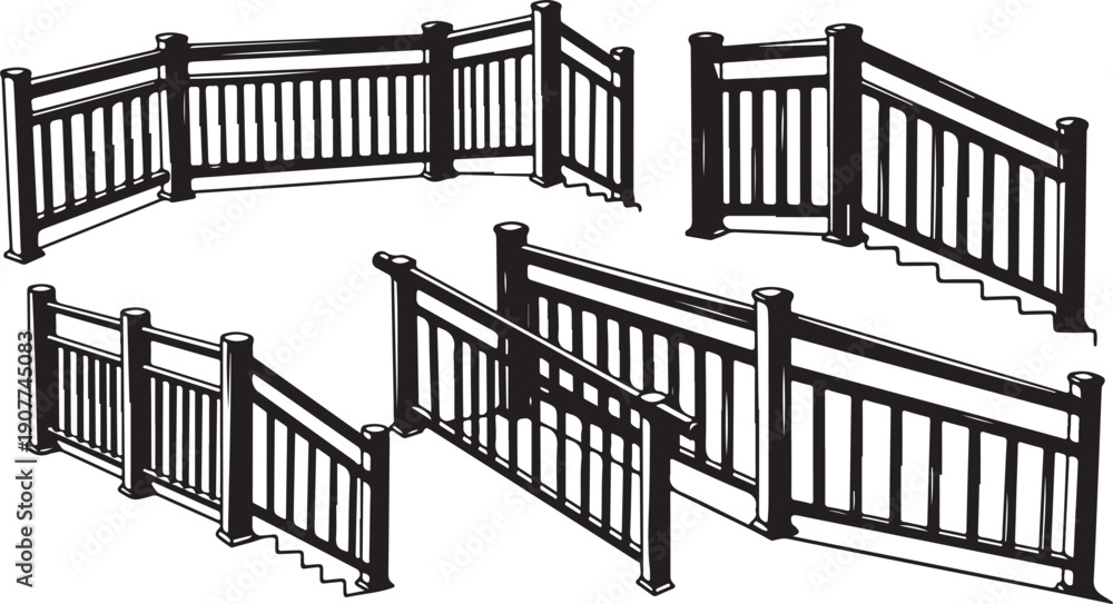 Fototapeta premium Various black metal fence and railing designs illustrated