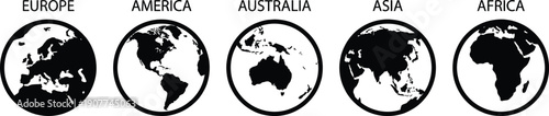 Black and white world map continent icons featuring Europe, America, Australia, Asia and Africa in minimalist circular design isolated on light background