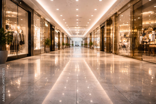 Foto Empty, brightly lit modern shopping mall corridor with reflective marble floors and numerous luxury storefronts
