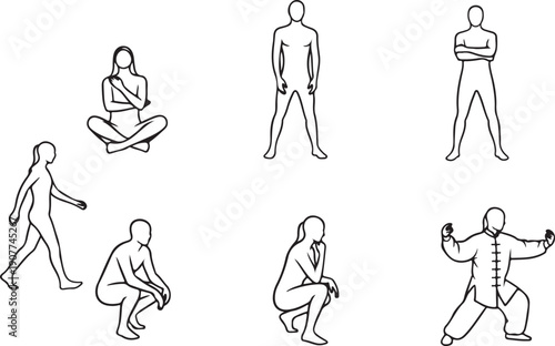 Human Poses Collection: Walking, Sitting, Standing, Crouching, Tai Chi, Isolated on white background