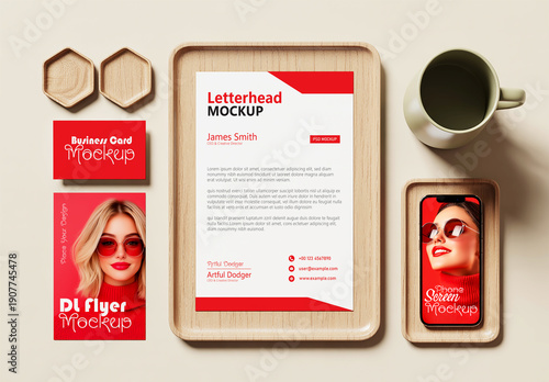 Modern Corporate Brand Identity Stationery Mockup Set with Wooden Element