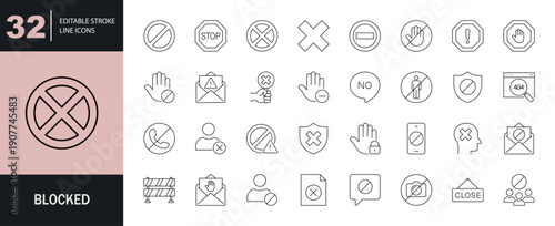 Blocked icon set. Editable line icons. Vector illustration.