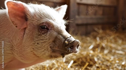 Wallpaper Mural Adorable Pink Piglet Close Up in a Sunny Barn with Straw. Torontodigital.ca