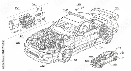 Car Parts Diagram Technical Illustration.