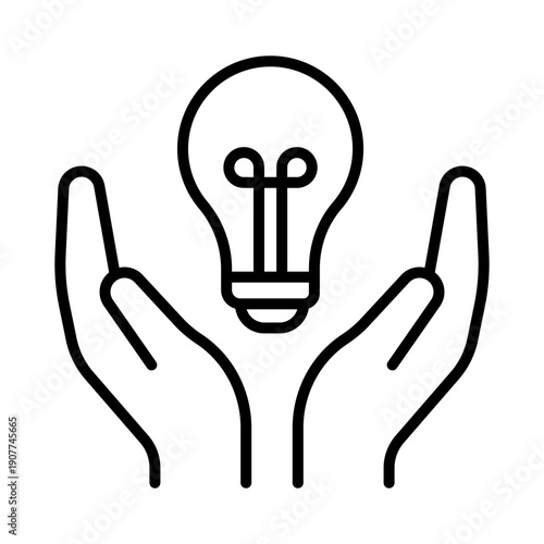 Two hands holding a light bulb, linear icon. Creative idea protection, innovation, support, and brainstorm concepts. Editable stroke