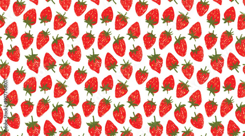 seamless pattern of ripe red strawberries with green leaves on white background