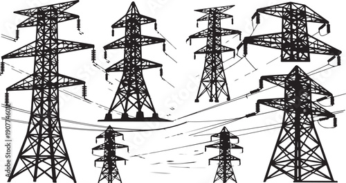 Electric power transmission towers with lines and wires illustration