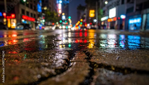 Wallpaper Mural Wet city street reflects blurred lights at night, brick pavement focus Torontodigital.ca