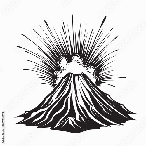 Volcano Eruption Vector. Black and White Volcano Eruption Illustration. 