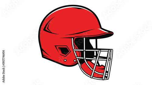 Close-up illustration of a protective red baseball batting helmet with a metal face guard shown from a side profile on a white background.