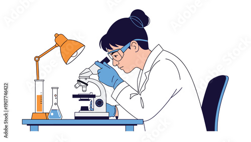 Dedicated female researcher wearing a white lab coat and blue gloves carefully uses a microscope for scientific discovery in a laboratory.