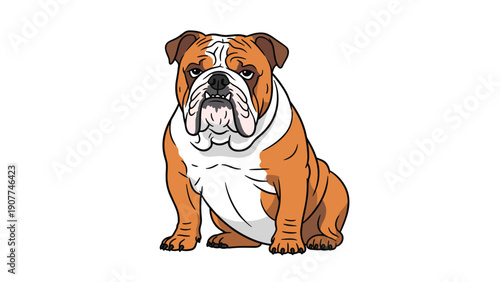 Detailed character illustration of a grumpy-looking English Bulldog with distinctive facial wrinkles and a heavy stocky body on white.