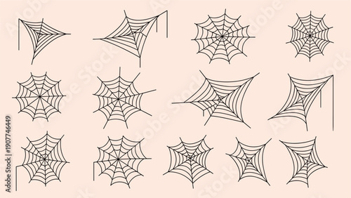 Comprehensive set of twelve different black spider web designs in various geometric shapes and positions isolated on a soft pink background.