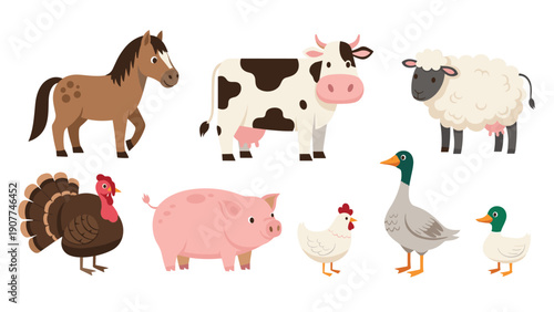 Charming collection of various cartoon farm animals including a cow, horse, sheep, pig, turkey, and several ducks on a white background.