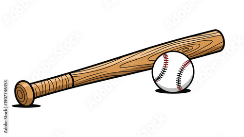 Traditional wooden baseball bat lies next to a white baseball with red stitching in this clean and detailed vector illustration style.