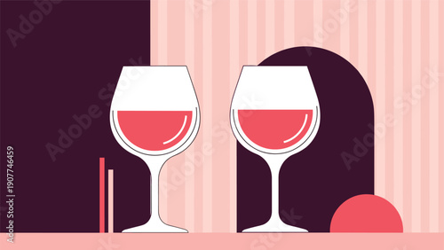 Two elegant glasses filled with red wine are illustrated against a stylish modern background of abstract lines and curved geometric shapes.