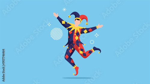 Playful jester character in a vibrant diamond-patterned harlequin suit jumps for joy against a clean light blue background with star icons.