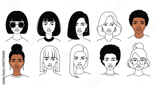 Diverse collection of ten female face avatars showing various skin tones, hairstyles, and fashion accessories in a simple vector icon style.