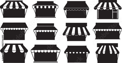 Various Black and White Storefront Awning Silhouettes Collection