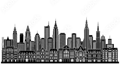 Intricate black and white city skyline illustration featuring diverse skyscrapers, historical buildings, and detailed architecture, isolated on a white background.