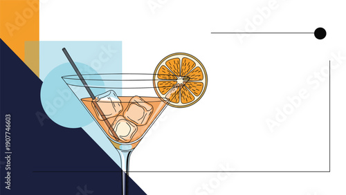 Refreshing cocktail in a martini glass with ice cubes and an orange slice garnish against a modern abstract geometric backdrop.