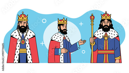 Three cartoon kings wearing crowns and royal robes with ermine trim standing against a stylized blue background wave.