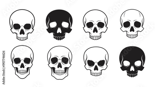 Set of eight human skull illustrations in various styles and details including solid black and outlined versions on white background.