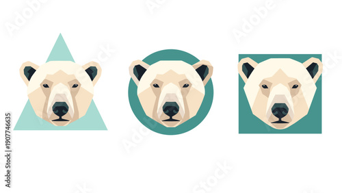 Minimalist illustrations of polar bear heads framed within geometric shapes of a triangle circle and square on white background.